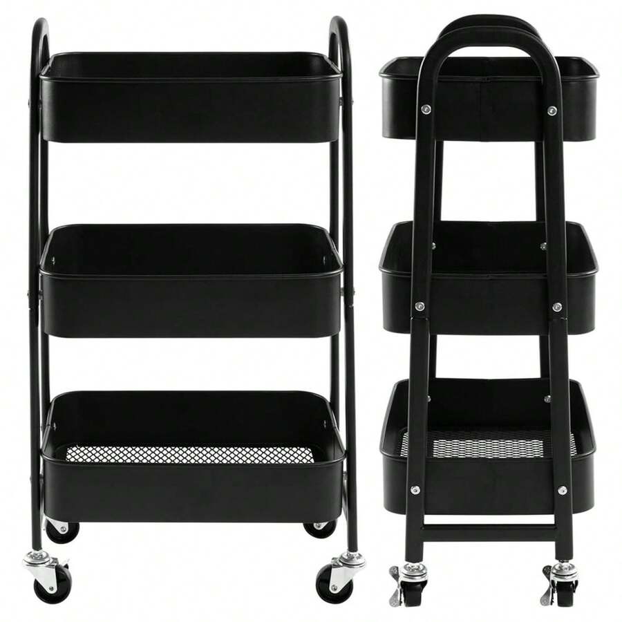 Makeup Cart, Movable Rolling Organizer Cart, Black 3 Tier Metal Utility Cart SHEIN