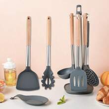 8入組矽膠烹飪用具套裝，配有木質手柄矽膠刮板和湯匙套裝，適用於食品、烹飪、廚房、廚房用品、廚房工具、廚房物品。 - 彩色 - 查看 4