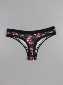 Dircho 4pcs Sexy Cute Gothic Women Contrast Lace Thongs, Halloween Black Skull & Stars & Roses & Eyeballs & Mushrooms Allover Print Comfy Silky Intimates Panties, Women's Underwear & Lingerie