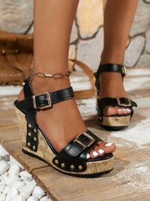 Thick-Soled Wedge Sandals For Women, New European And American Style, Fashionable Rivet Strap Roman Sandals For Women, Peep-Toe, Two-Tone Thick-Soled Sandals - Black - View 2