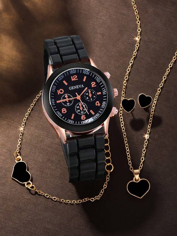 Conjunto de reloj de cuarzo adolescente de gel de sílice negro simple y elegante y collar de amor con pulsera y aretes, regalos para amigos de regreso a clases