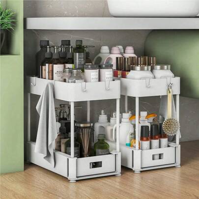 2 Pack Under Sink Organizer And Bathroom Organizer Rack Under Sink, Pull Out Cabinet Organizer Rack For Kitchen Bathroom Sink Storage, White