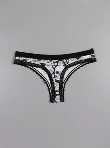Dircho 4pcs Sexy Cute Gothic Women Contrast Lace Thongs, Halloween Black Skull & Stars & Roses & Eyeballs & Mushrooms Allover Print Comfy Silky Intimates Panties, Women's Underwear & Lingerie