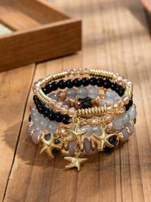 4pcs Bohemian Style Jewelry Set, Ocean Starfish Pendant Multi-Layer Beaded Bracelet For Daily Wear - Bohemia - View 3