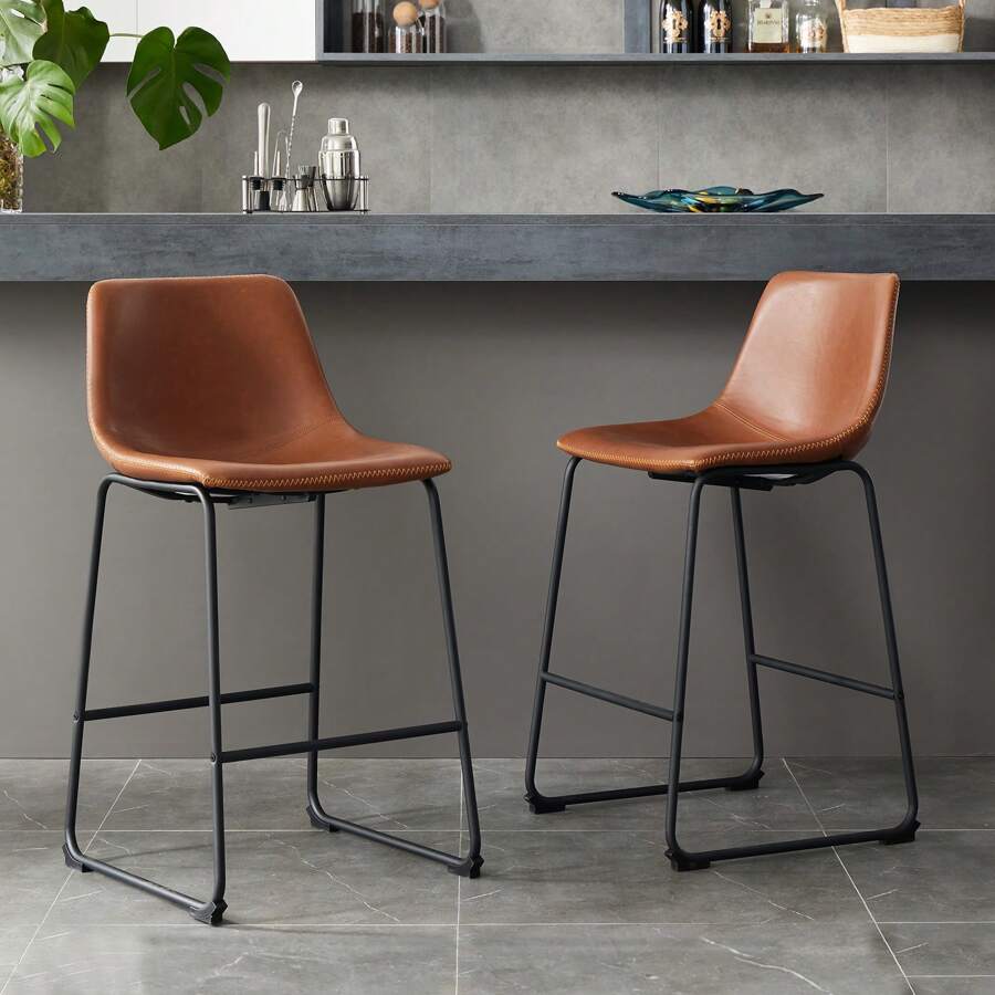 OLIXIS 26 Inch Counter Height Bar Stools Set Of 2, Modern Faux Leather High Barstools With Back And Metal Leg, Bar Chairs For Kitchen Lsland, Brown