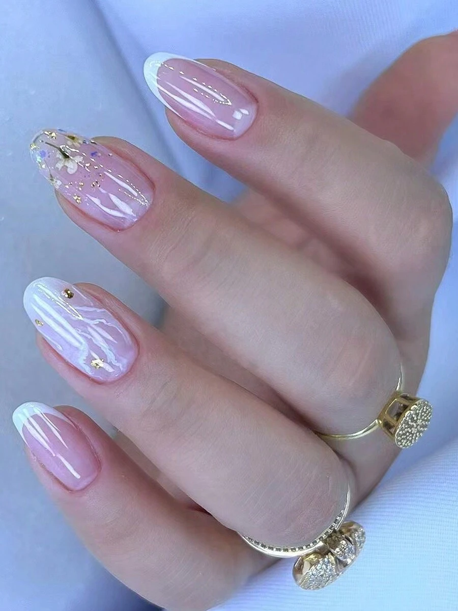 Encantador juego de 24 piezas de uñas clásicas francesas ovaladas medianas, juego de uñas postizas con flores blancas de lavanda, cobertura total, suministros de uñas para niñas y mujeres, adecuados para uso diario, oficina, festivales, citas, fiestas para realzar el Adorno de las yemas de los dedos - Púrpura malva - Ver 1