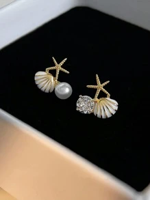 1對可愛甜美優雅的水滴油白色貝殼、 starfish 和鑽石飾品海灘系主題耳釘，高級女士禮物珠寶 - 貝殼不對稱耳環[1對] - 查看 8