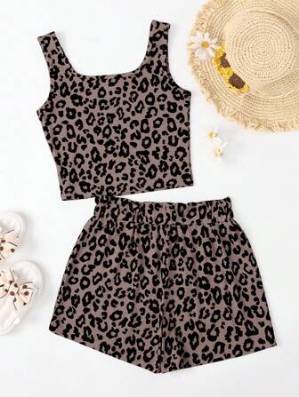 青少年女孩夏季时尚豹纹印花可爱休闲背心和短裤套装