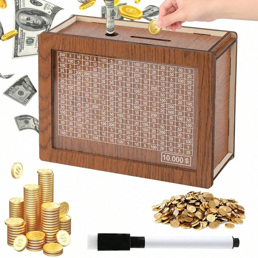 Caja de ahorro de madera Caja fuerte de efectivo, Nueva caja ahorradora de dinero de madera 2024, Caja ahorradora de efectivo, Alcancía contadora de monedas, Caja de dinero con contador, Caja de dinero de madera con objetivo monetario y números, Mejores regalos - Marrón - Ver 1