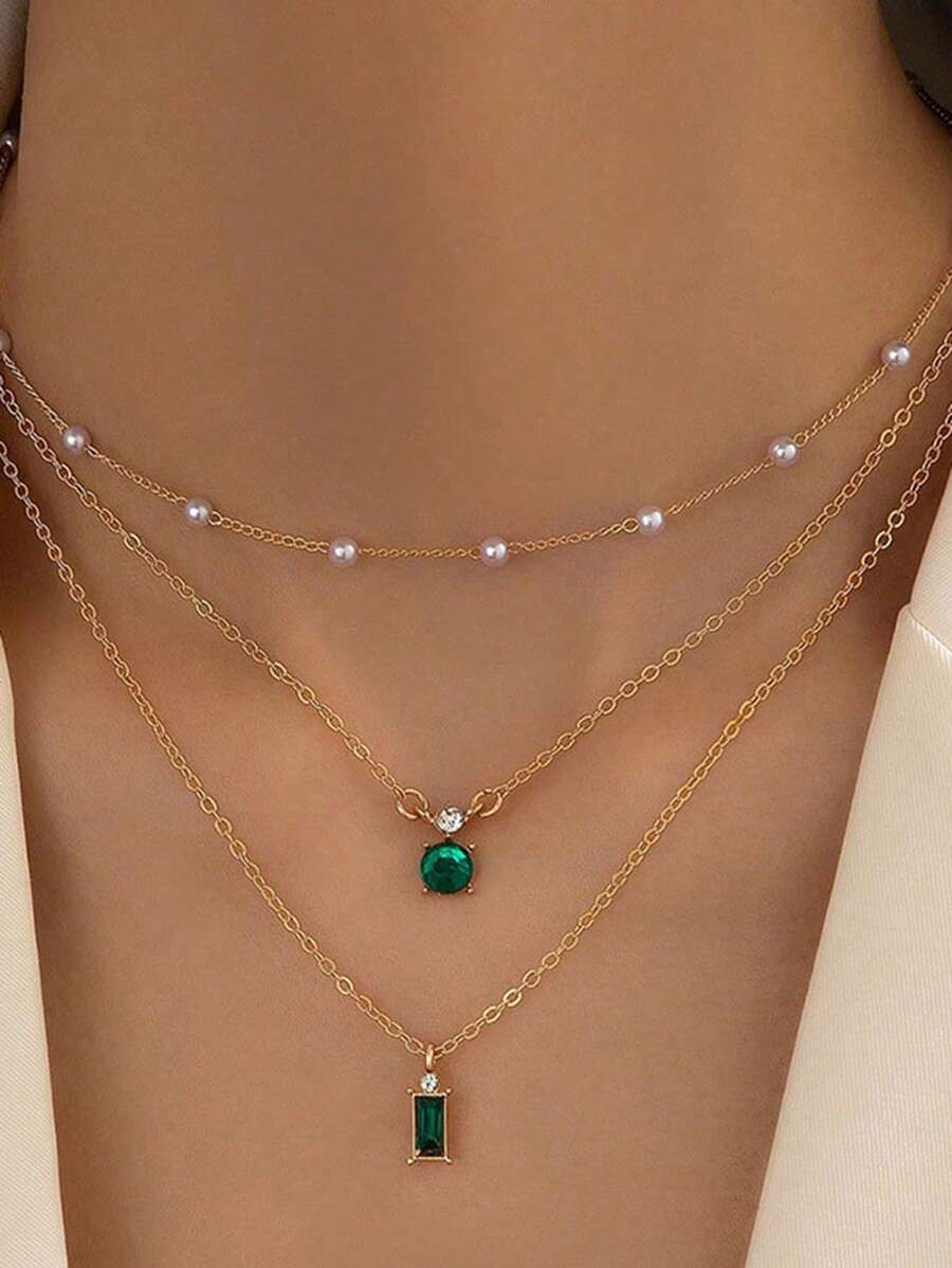 2pcs Creative Retro-Style Handmade Imitation Grandmother Green Pearl Necklace, Multiple Layers For Women, Random Number Of Pearls, Collarbone Chain - Yellow Gold - View 1