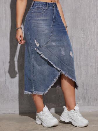 Women's Midi Denim Skirt With Elegant Fringe And Stylish Washed Finish