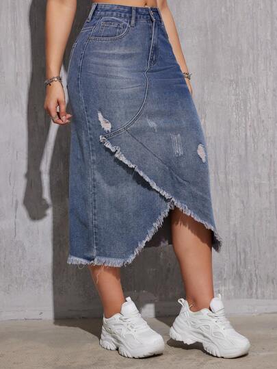 Falda midi de mezclilla para mujer con elegante flecos y acabado lavado de moda