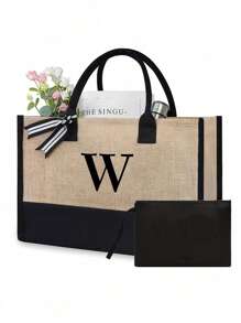 这款帆布手提袋饰有字母图案印花，并附赠化妆包、小手提包和零钱包，是一款个性化礼品袋，适合婚礼、生日、海滩、度假、上学等各种场合。它是送给女性、母亲、教师、朋友、伴娘和学生的绝佳礼物。这款大容量手提袋简约而不失优雅，便于携带，休闲实用，是购物的理想之选。它采用全新设计，容量大，还可以作为单肩包使用。 - 卡其色 - 查看 34