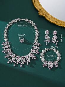 1 Set Luxury Green And Pink Zirconia Copper Silver Plated Necklace, Bracelet, Earrings, Ring Jewelry Set, Elegant Bridal Wedding Accessories, High-End Jewelry Gift Set For Valentine's Day