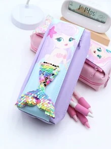 1pc Cartoon Mermaid Glitter Cloth High-Capacity Pencil Case Stationery Storage Bag Suitable For School Students,Pencil Pouch,School Bag - one-size - View 10