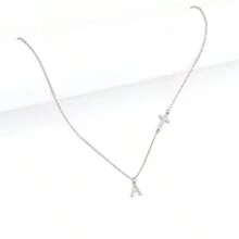 1pc Simple Silver Color Cross Initial Pendant Stainless Steel Chain Necklace For Women - Silver - View 3