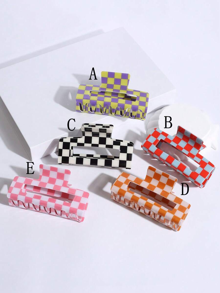 1pc/2pcs Checkerboard Hair Clip In Multiple Colors Suitable For Women/Girls' Nape, Simple & Fashionable Medium Size Square-Shaped Hair Claw For Bun Hairstyles - Multicolor - View 1