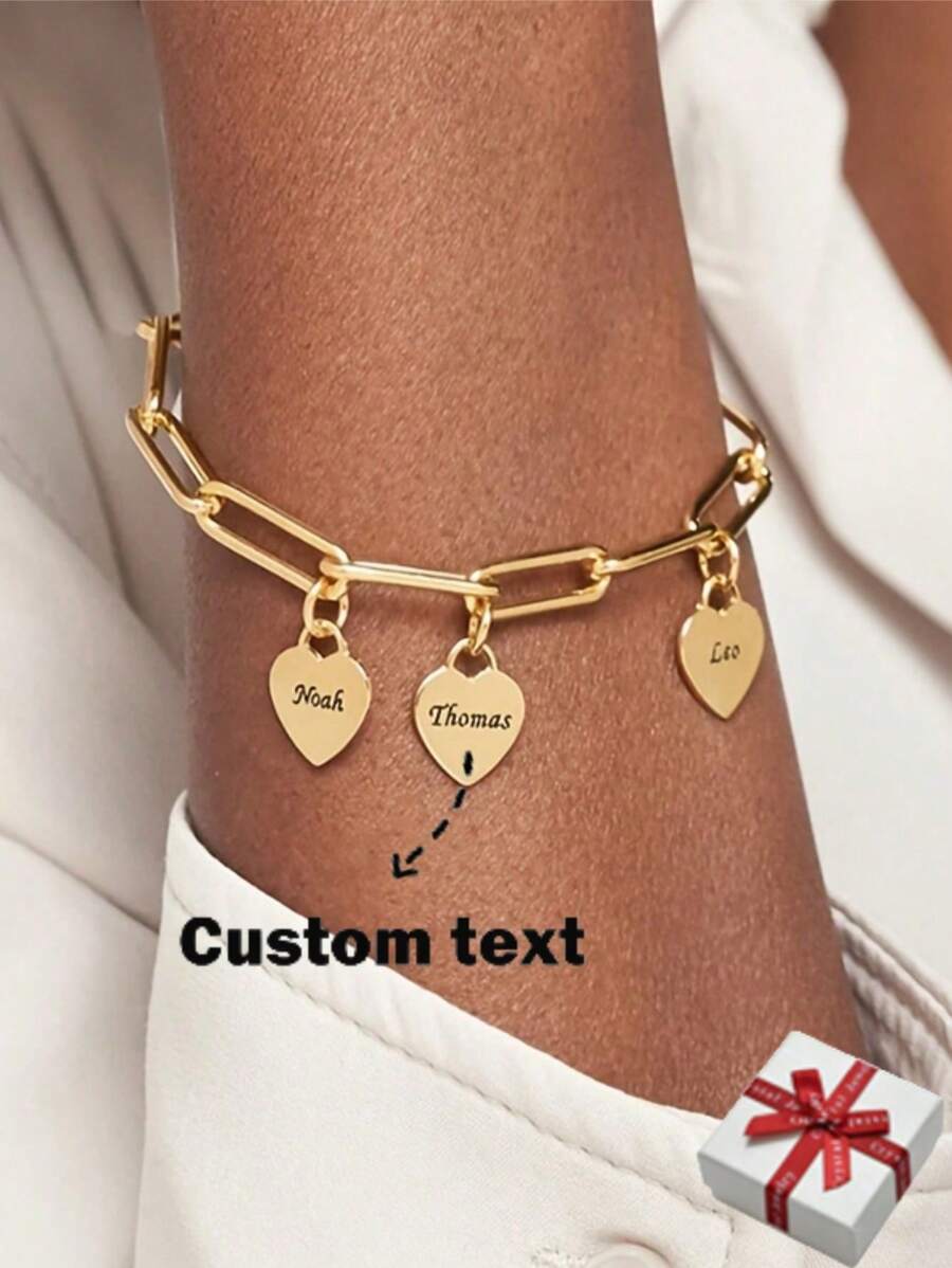 Pulsera con nombre personalizado con forma de corazón, pulsera con nombre grabado personalizado de acero inoxidable con 1-5 nombres de miembros de la familia, cadena cuadrada con colgante, joyería de fiesta, regalo de cumpleaños, aniversario, Navidad para ella, negro, plateado, dorado, elegante, colorido, vintage, simple, unisex, casual, lindo, personalizado, único, regalo ideal para él, regalo ideal para ella, novia, novio, papá, mamá, familia, amigos, para aniversarios, para cumpleaños, para graduación, para baile de graduación, para fiestas