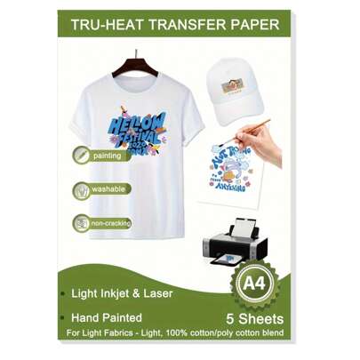 Heat Transfer Paper For T Shirts (5 Sheets, A4) Printable Heat Transfer Vinyl For Inkjet Printer Iron On Transfers For Light & White Fabrics