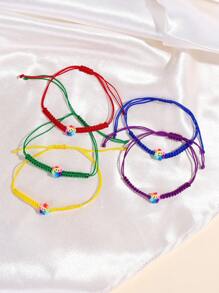 Conjunto de 5 pulseras con nudos planos de alfarería suave hechos a mano con cuerda decorada con flores solares, joyería para mujeres, niñas y regalos de fiesta para amigas - Multicolor - Ver 4