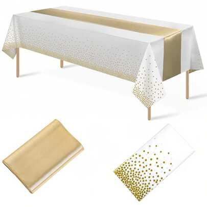 2 Packs/8 Pack, 1Pc/4 Pcs Disposable Plastic Tablecloths And 1Pc/4 Pcs Satin Table Runner Set, White And Gold Dot Tablecloth Gold Satin Table Runner For Wedding Birthday Anniversary Christmas New Year Party Decorations