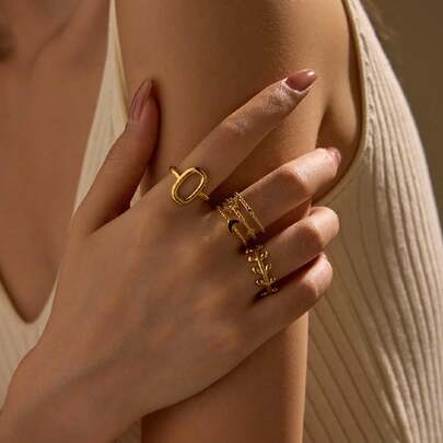 3件套不锈钢金色时尚编织风格开口戒指套装，3种不同款式，适合日常佩戴或作为礼物赠送