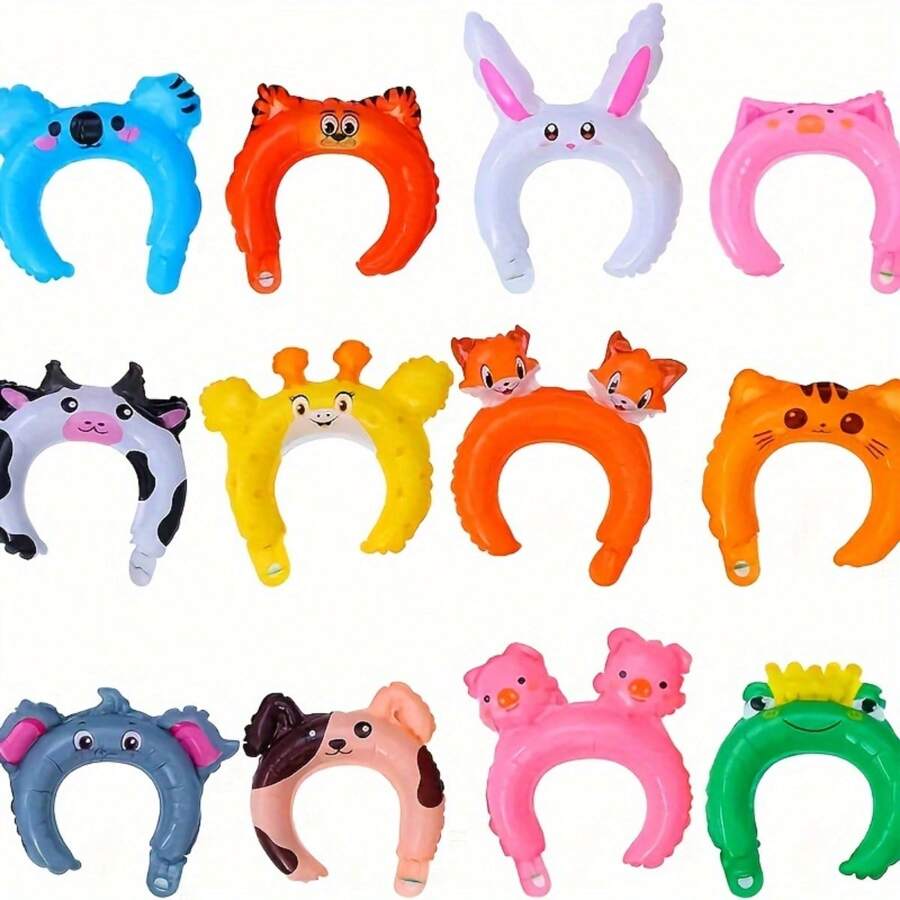 24 Pc Inflatable Headbands With Zoo Animal Patterns, Cartoon Wild