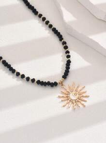 1pc Creative Design Rice Beaded Sun Moon Star Shaped Pendant Women's Necklace - Black - View 5