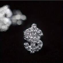 美式豪華寶石裝飾美元符號字母耳釘，高端閃亮，嘻哈風格，男女適用時尚 - 銀色 - 查看 5