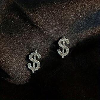 美式豪華寶石裝飾美元符號字母耳釘，高端閃亮，嘻哈風格，男女適用時尚