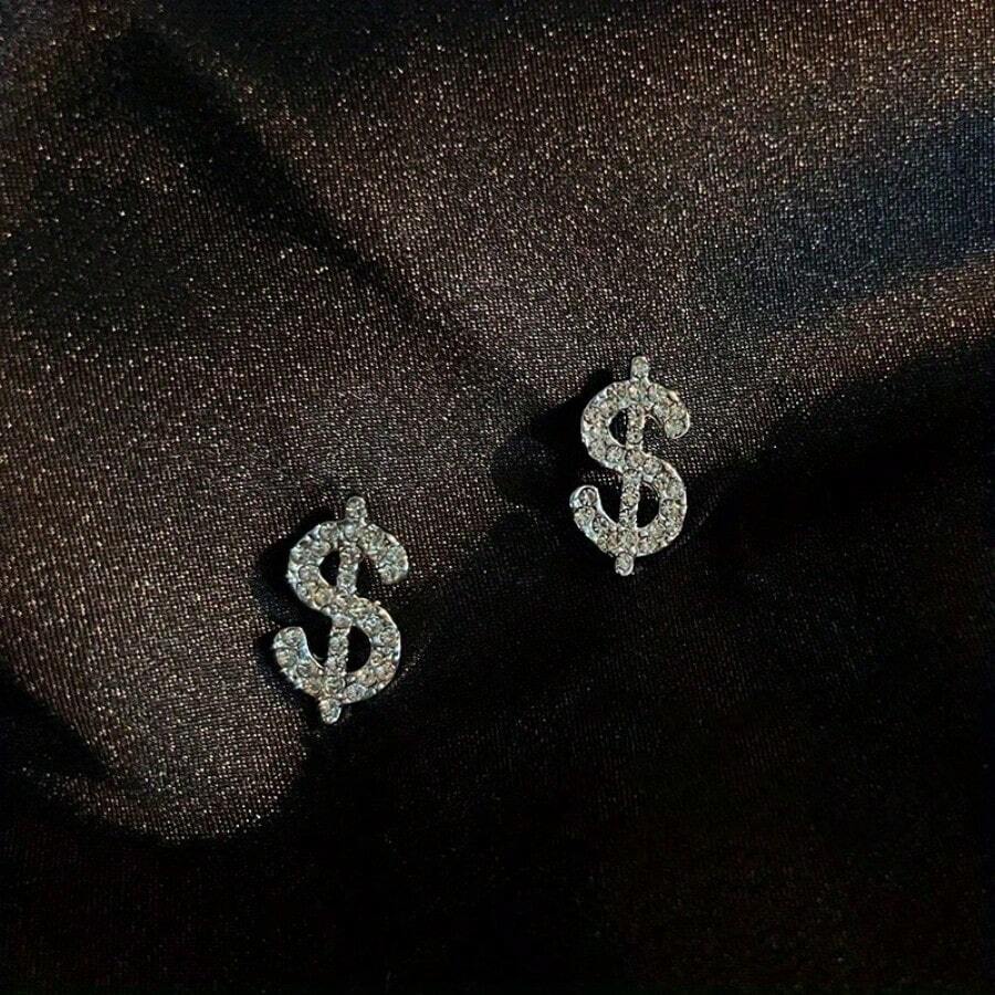 美式豪華寶石裝飾美元符號字母耳釘，高端閃亮，嘻哈風格，男女適用時尚 - 銀色 - 查看 1