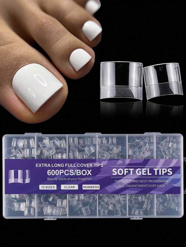 600 piezas de Puntas de Uñas de Gel X Francesas para dedos de los pies, puntas de uñas de los pies de gel suave transparentes cuadradas cortas, puntas de uñas de los pies francesas falsas para extensión de uñas acrílicas y uñas para presionar uñas falsas uña falsa uña acrílica