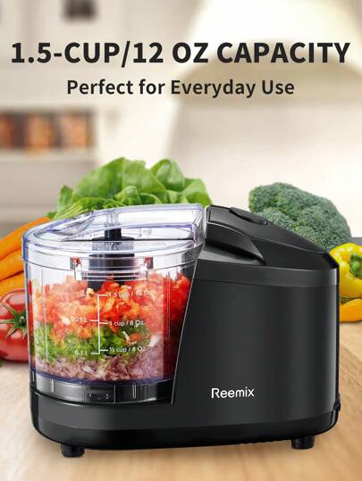 Reemix 1.5-Cup One-Touch Electric Food Chopper, 100W Mini Food Processor Meat Grinder, Mix, Chop, Mince And Blend Vegetables, Fruits, Nuts, Meats, Stainless Steel Blade (Black)