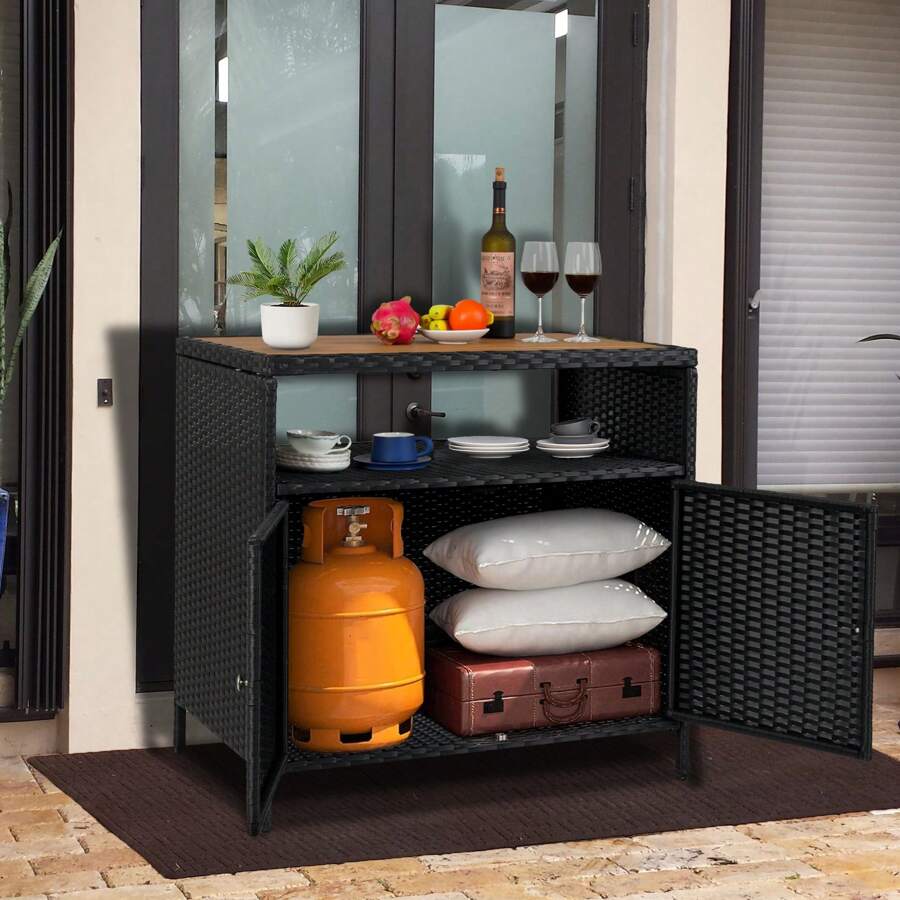 Outdoor Wicker Rattan Storage With Shelf Powder Coated Steel