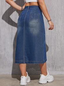 女士時尚不對稱牛仔裙，至膝長度 - 中等水洗藍 - 查看 2