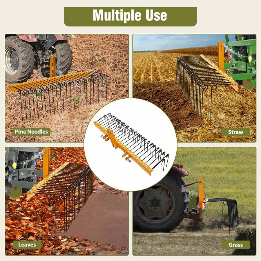 72 Inch Pine Straw Rake, 30 Coil Spring Tines Durable Powder Coated