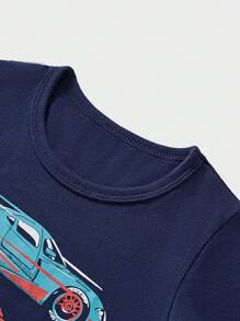 年轻男孩长袖 T 恤，卡通汽车印花，透气时尚秋季时尚 - 寶藍色 - 查看 3