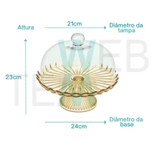 Boleira de Vidro com Pé e Tampa Jasmin Dourada Vitazza para Bolo, Doces, Sobremesas, Decoração, Organização e Mesa Posta, com Toque de Elegância, Praticidade Ecológica e Estilo Natal e Outras Ocasiões Especiais - Dourado - Visão 2