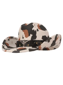1 szt. Unisex Outdoor Casual Cow Print Western Cowboy Hat z metalowym emblematem głowy byka, pasek ze skóry PU, kapelusz fedora z zamszu, odpowiedni na zewnątrz, wędrówki, festiwale, imprezy