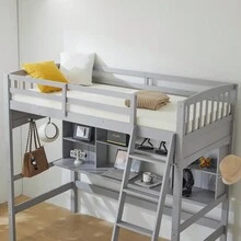 Giường gác xép có kệ có bàn làm việc, thang nghiêng, giường đôi bằng gỗ màu xám, ván dăm thông, đồ trang trí Halloween, trang phục Halloween, đồ trang trí mùa thu, đồ trang trí lễ hội - Xám - Xem 3