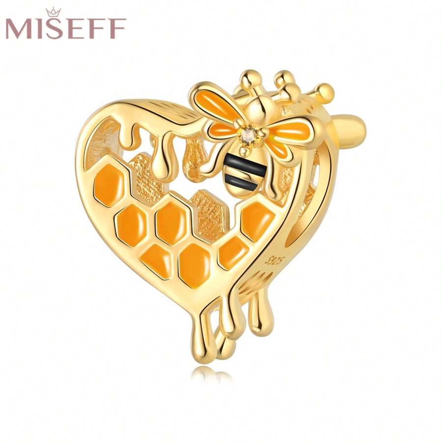 MISEFF 1 pieza del de abeja en panal del corazón plateado en oro de 18 quilates de plata esterlina S925 adecuado para pulseras, collares, manualidades de joyería de lujo, regalo de cumpleaños y San Valentín