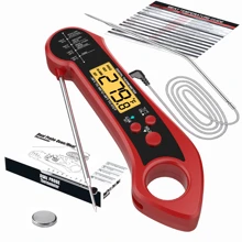 Un thermomètre à viande imperméable, multifonctionnel, pliable et manuel avec des lectures rapides en 2 à 3 secondes, une détection de température précise, fabriqué en matériau ABS, avec une sonde en métal en acier inoxydable et un bouton de commande en silicone. Il dispose d'un écran rétroéclairé, d'un aimant à l'arrière pour un rangement facile sur les réfrigérateurs, d'une fonction étanche, d'une température d'alarme réglable, d'une fonction d'alarme sonore et d'une sonde externe avec un cordon d'extension. La température peut être calibrée. Compact et léger, la sonde pliable assure un rangement sûr et sécurisé. Il est également livré avec un design suspendu.