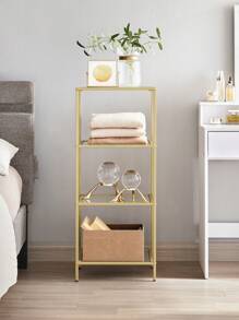 VASAGLE Estantería de Cristal de 4 Niveles, Librería, Expositor, Cristal Templado, Fácil de Montar, para Baño, Salón, Dormitorio, Oficina, Negro/Blanco Perla y Gris Pizarra/Dorado - Dorado - Ver 2