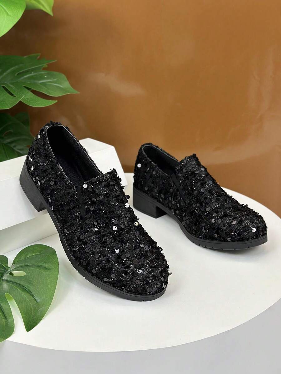 Mocasines de mujer con brillo, tacón grueso, elegantes zapatos de vestir sin cordones con comodidad incomparable - Negro - Ver 1