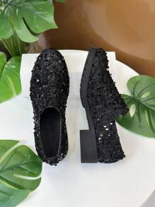 Mocasines de mujer con brillo, tacón grueso, elegantes zapatos de vestir sin cordones con comodidad incomparable - Negro - Ver 11