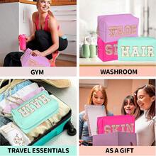 3 件装 Preppy Chic 雪尼尔化妆包 - 防水、PU 皮革、无香旅行洗漱用品收纳包，适用于皮肤、头发和面部，配有可爱的拉链和字母设计 - 非常适合外出女性的秋季家居装饰 - 彩色 - 查看 5