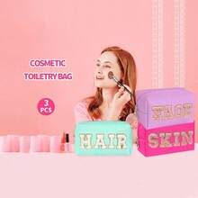 3 件装 Preppy Chic 雪尼尔化妆包 - 防水、PU 皮革、无香旅行洗漱用品收纳包，适用于皮肤、头发和面部，配有可爱的拉链和字母设计 - 非常适合外出女性的秋季家居装饰 - 彩色 - 查看 3