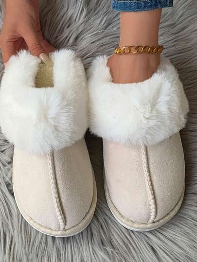 Pantuflas de mujer beige acogedoras de peluche, modelo 2024 Otoño/Invierno, deslizables de punta abierta con suela antideslizante y silenciosa para interiores de moda