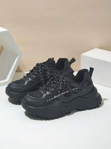 Giày thể thao đế dày cho nam, lưới tương phản, buộc dây phía trước, giày chạy bộ đế dày - màu đen - Xem 2