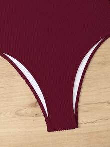 2023欧美特殊面料褶皱波浪条纹糖果色女士连体泳衣荧光皱布三角紧身泳衣夏季 - 酒紅色 - 查看 6